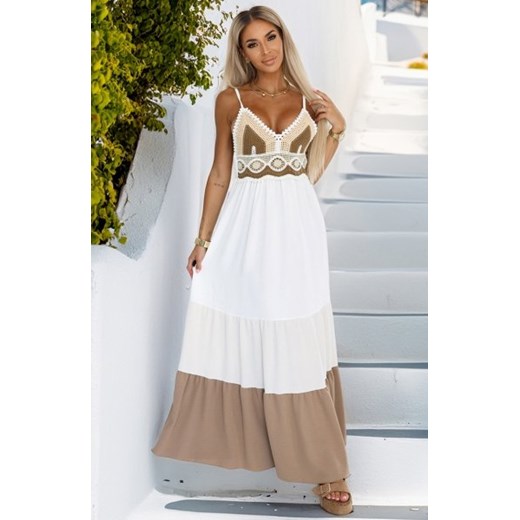 Numoco 612-1 długa beżowo-biała sukienka na ramiączkach z szydełkową górą ze sklepu intimiti.pl w kategorii Sukienki - zdjęcie 187872228