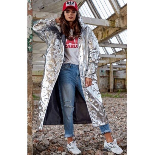 Długa srebrna kurtka z kapturem A338 ze sklepu intimiti.pl w kategorii Kurtki damskie - zdjęcie 187872545