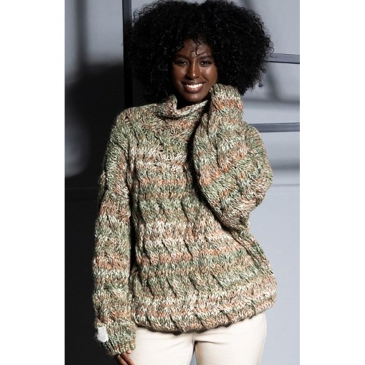 Fobya wełniany sweter o grubym splocie F1717 zielony ze sklepu intimiti.pl w kategorii Swetry damskie - zdjęcie 187872938