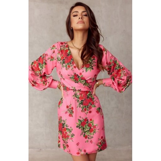 *Sukienka z kopertowym dekoltem i bufiastymi rękawami E25 ze sklepu intimiti.pl w kategorii Sukienki - zdjęcie 187874267