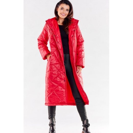 Pikowany długi płaszcz z kapturem czerwony A542 ze sklepu intimiti.pl w kategorii Płaszcze damskie - zdjęcie 187874996
