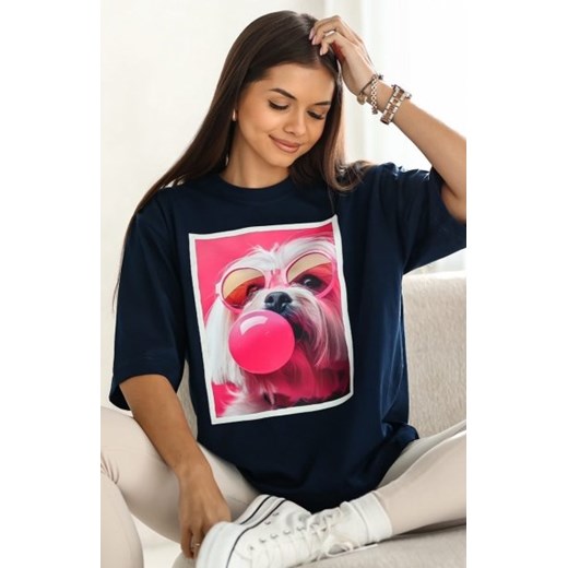 Oversizowy t-shirt Maltańczyk okulary granatowy ze sklepu intimiti.pl w kategorii Bluzki damskie - zdjęcie 187876789