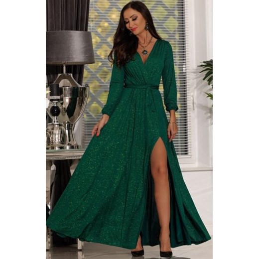 Wieczorowa długa sukienka brokatowa Salma butelkowa zieleń ze sklepu intimiti.pl w kategorii Sukienki - zdjęcie 187877207