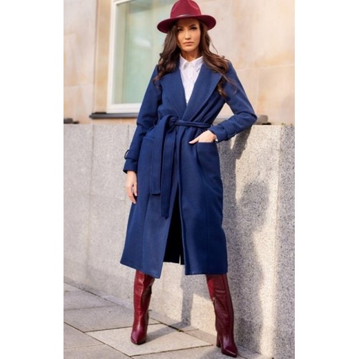 Długi płaszcz z wiązaniem granatowy 0017 ze sklepu intimiti.pl w kategorii Płaszcze damskie - zdjęcie 187877259
