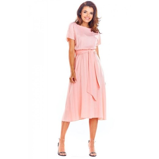 Elegancka sukienka midi pudrowy róż A296 ze sklepu intimiti.pl w kategorii Sukienki - zdjęcie 187883027