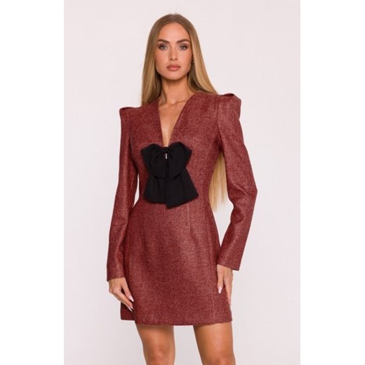 Moe sukienka tweedowa z kokardą szyfonową bordowa M869 ze sklepu intimiti.pl w kategorii Sukienki - zdjęcie 187883216