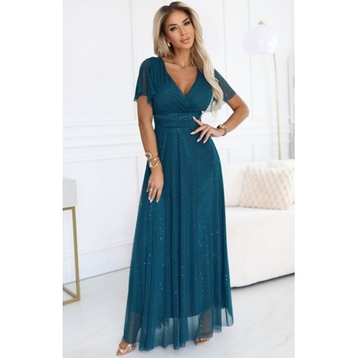 Numoco 635-1 MELANIA długa błyszcząca suknia z dekoltem i krótkim rękawkiem ze sklepu intimiti.pl w kategorii Sukienki - zdjęcie 187889799