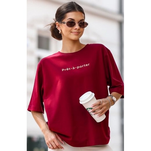 Oversizowy t-shirt Prêt-à-porter damski bordowa ze sklepu intimiti.pl w kategorii Bluzki damskie - zdjęcie 187892327
