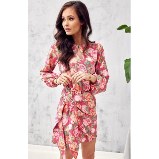 Kwiatowa sukienka z wiązaniem i bufkami 357/F69 ze sklepu intimiti.pl w kategorii Sukienki - zdjęcie 187893118