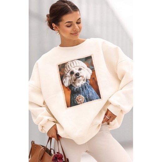 Oversizowa bluza damska z nadrukiem maltańczyka śmietanka ze sklepu intimiti.pl w kategorii Bluzy damskie - zdjęcie 187893239