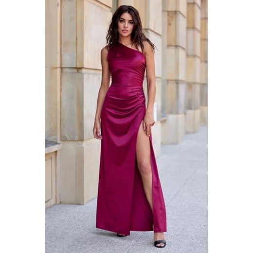 Asymetryczna satynowa sukienka maxi bordowa 0461 ze sklepu intimiti.pl w kategorii Sukienki - zdjęcie 187895128