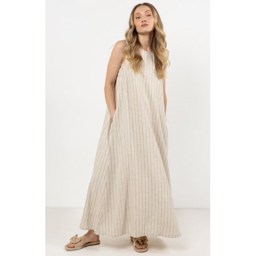 Awama A729 lniana sukienka maxi w prążki mocca ze sklepu intimiti.pl w kategorii Sukienki - zdjęcie 187895458