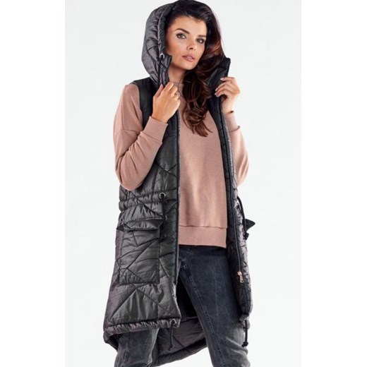 Ciepła czarna kamizelka z kapturem A543 ze sklepu intimiti.pl w kategorii Kamizelki damskie - zdjęcie 187895469