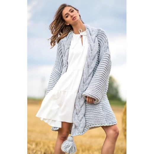 *Kardigan z pomponem szary F756 ze sklepu intimiti.pl w kategorii Swetry damskie - zdjęcie 187896486