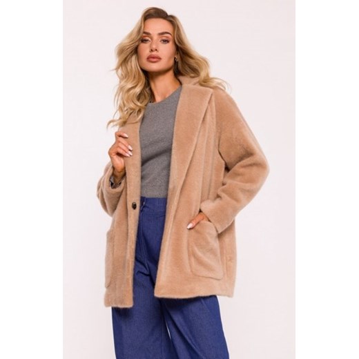 Moe krótki płaszcz z włosem beżowy M808 ze sklepu intimiti.pl w kategorii Płaszcze damskie - zdjęcie 187897839