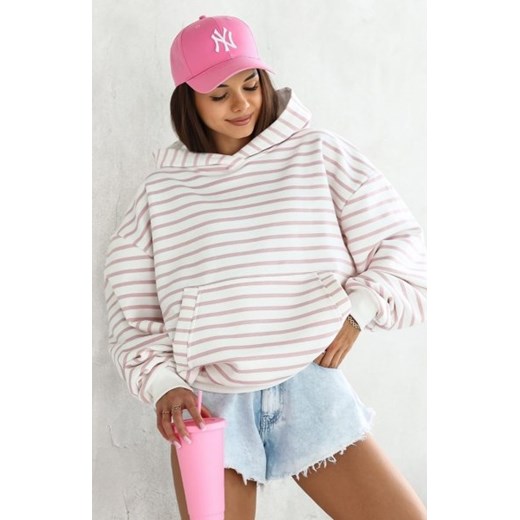 Bluza damska z kapturem w paski puder róż ze sklepu intimiti.pl w kategorii Bluzy damskie - zdjęcie 187898165