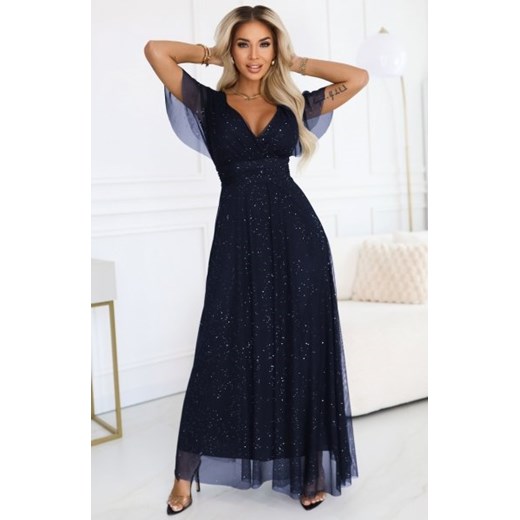 Numoco 635-3 MELANIA długa błyszcząca suknia z dekoltem i krótkim rękawkiem ze sklepu intimiti.pl w kategorii Sukienki - zdjęcie 187901348