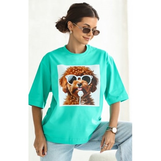 Oversizowy T-shirt z nadrukiem psa Maltipoo zielony ze sklepu intimiti.pl w kategorii Bluzki damskie - zdjęcie 187902555