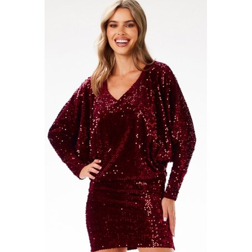 Awama A700 kimonowa sukienka cekinowa mini bordowa ze sklepu intimiti.pl w kategorii Sukienki - zdjęcie 187904305