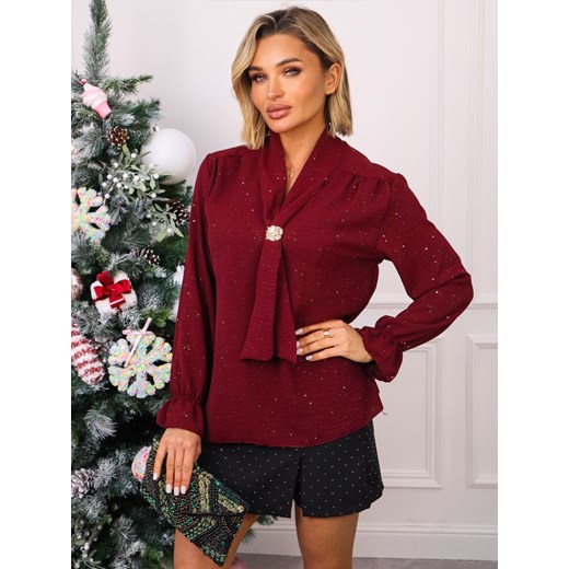 BLUZKA Z OZDOBNYM KRAWATEM I BROKATEM- BORDOWA ze sklepu olika.com.pl w kategorii Bluzki damskie - zdjęcie 187916507