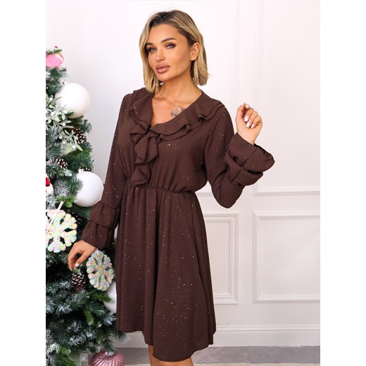 SUKIENKA Z FALBANKAMI I BROKATOWYMI DROBINKAMI- CZEKOLADOWA ze sklepu olika.com.pl w kategorii Sukienki - zdjęcie 187916516