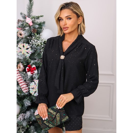 BLUZKA Z OZDOBNYM KRAWATEM I BROKATEM- CZARNA ze sklepu olika.com.pl w kategorii Bluzki damskie - zdjęcie 187916518