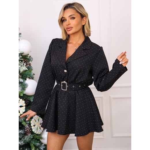 KOMBINEZON ROZKLOSZOWANY Z CYRKONIAMI I PASKIEM- CZARNY ze sklepu olika.com.pl w kategorii Kombinezony damskie - zdjęcie 187916519