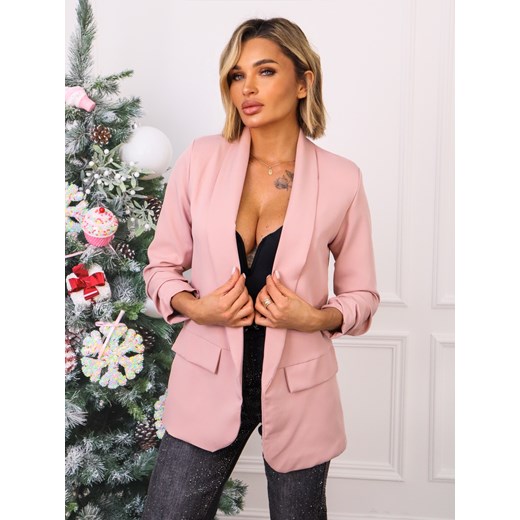 MARYNARKA BEZ ZAPIECIA Z MARSZCZONYMI RĘKAWAMI- PUDROWY RÓŻ ze sklepu olika.com.pl w kategorii Marynarki damskie - zdjęcie 187916529