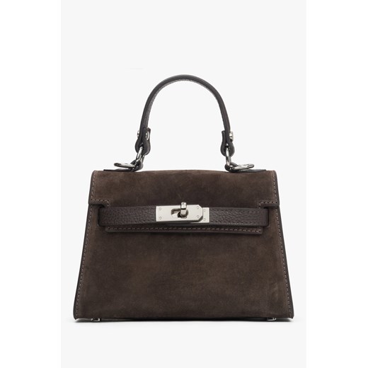 Estro: Ciemnobrązowa torebka damska kuferek z włoskiego weluru Premium ze srebrnymi okuciami ze sklepu Estro w kategorii Kuferki - zdjęcie 187917175