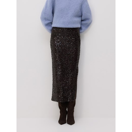 Reserved - Cekinowa spódnica midi - ciemnobrązowy ze sklepu Reserved w kategorii Spódnice - zdjęcie 187917319