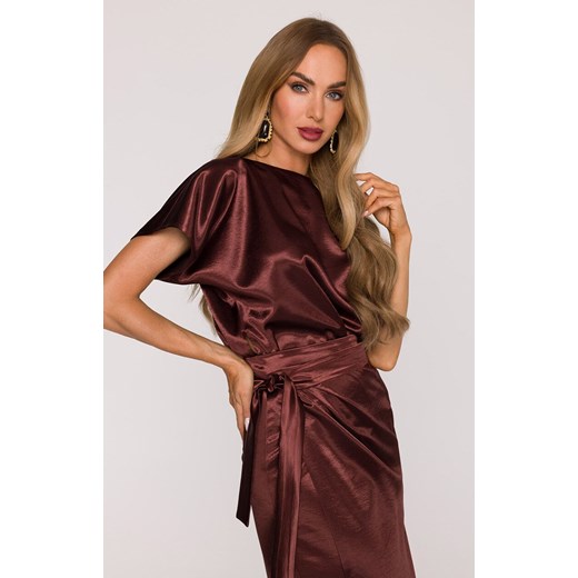 Satynowa sukienka damska z wiązaniem brązowa M887, Kolor brązowy, Rozmiar Moe S/M okazja Primodo