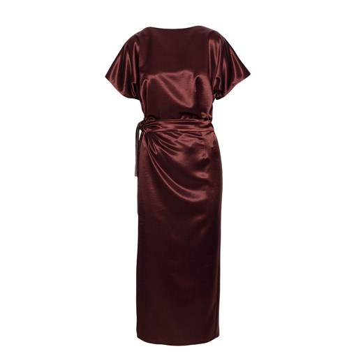 Satynowa sukienka damska z wiązaniem brązowa M887, Kolor brązowy, Rozmiar Moe S/M promocyjna cena Primodo