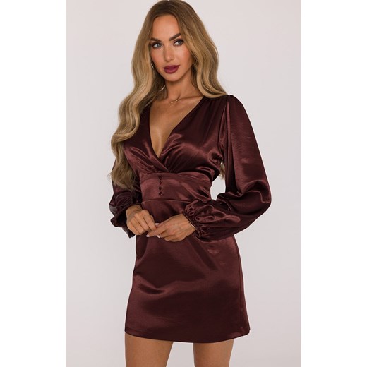 Sukienka mini z bufiastymi rękawami brązowa M888, Kolor brązowy, Rozmiar L, MOE ze sklepu Primodo w kategorii Sukienki - zdjęcie 187917845