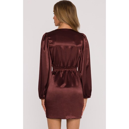 Sukienka mini z bufiastymi rękawami brązowa M888, Kolor brązowy, Rozmiar L, MOE Moe L wyprzedaż Primodo
