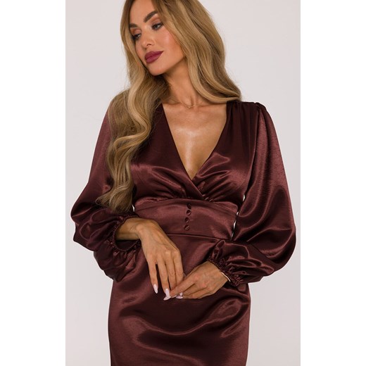 Sukienka mini z bufiastymi rękawami brązowa M888, Kolor brązowy, Rozmiar L, MOE Moe XL okazja Primodo