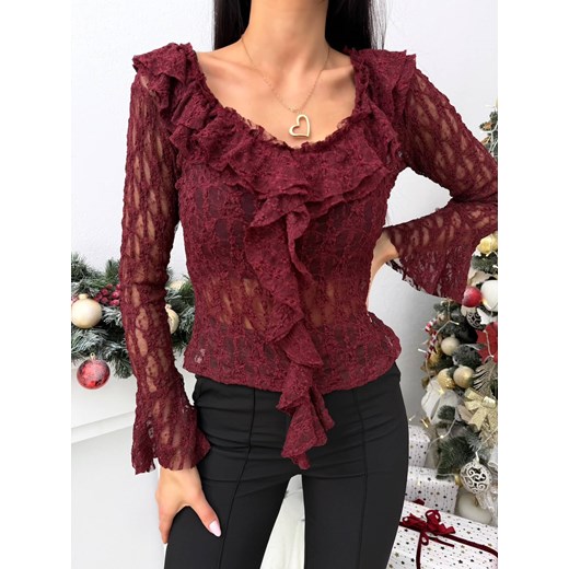 Bordowa Koronkowa Bluzka z Żabotem ze sklepu ModnaKiecka.pl w kategorii Bluzki damskie - zdjęcie 187920049