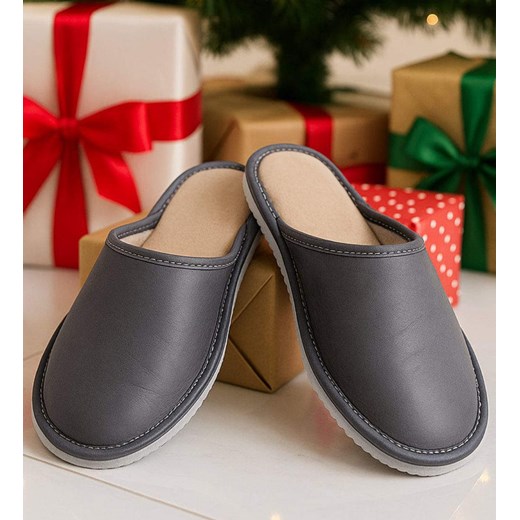 Uniwersalne skórzane szare kapcie klapki /G11-1 15503 S196/ ze sklepu Pantofelek24.pl w kategorii Kapcie damskie - zdjęcie 187926835