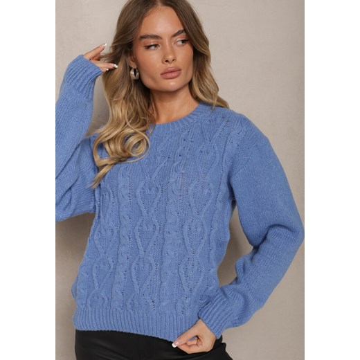 Niebieski Sweter z Wełną Ozdobnym Splotem i Ściągaczem Nariae ze sklepu renee.pl w kategorii Swetry damskie - zdjęcie 187928358