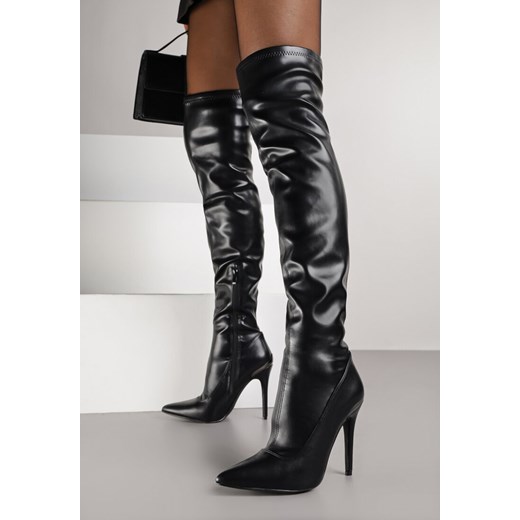 Czarne Dopasowane Kozaki Vices za Kolano na Szpilce Tedvira ze sklepu born2be.pl w kategorii Kozaki damskie - zdjęcie 187928485