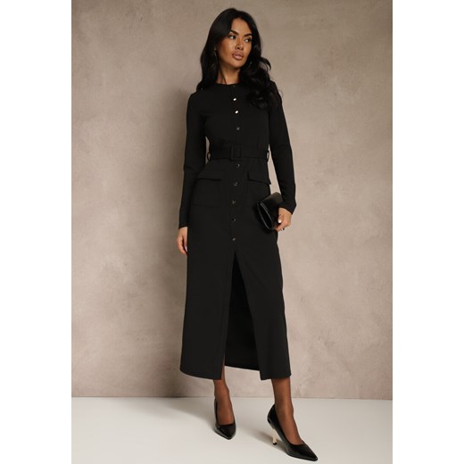 Czarna Koszulowa Sukienka z Wiskozą Ozdobiona Paskiem i Guzikami Vetionna ze sklepu renee.pl w kategorii Sukienki - zdjęcie 187931308
