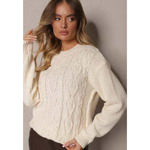 Jasnobeżowy Sweter z Wełną Ozdobnym Splotem i Ściągaczem Nariae ze sklepu renee.pl w kategorii Swetry damskie - zdjęcie 187935379