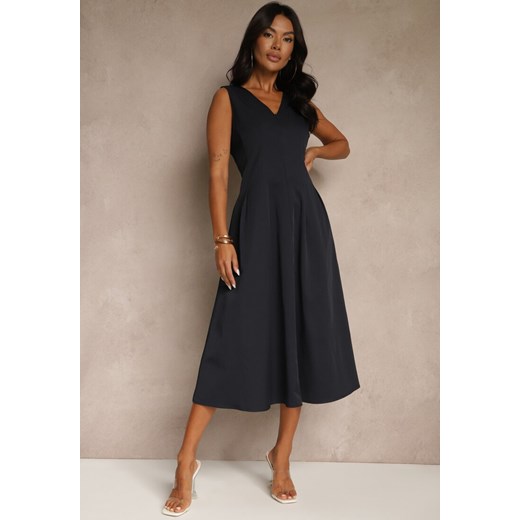 Granatowa Rozkloszowana Sukienka z Dekoltem w Kształcie Litery V Agilia ze sklepu renee.pl w kategorii Sukienki - zdjęcie 187935389