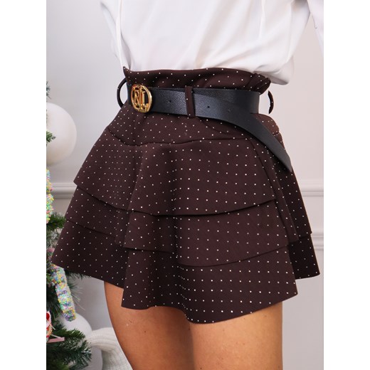 SPÓDNICZKA Z UKRYTYMI SZORTAMI ZDOBIONA CYRKONIAMI+ PASEK- CIEMNO CZEKOLADOWA ze sklepu olika.com.pl w kategorii Spódnice - zdjęcie 187936576