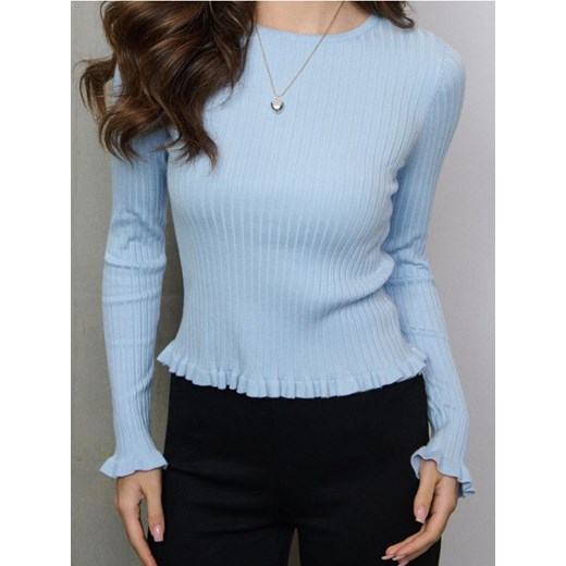Sinsay - Prążkowany sweter z ozdobnymi falbankami z wiskozą - błękitny ze sklepu Sinsay w kategorii Swetry damskie - zdjęcie 187937678