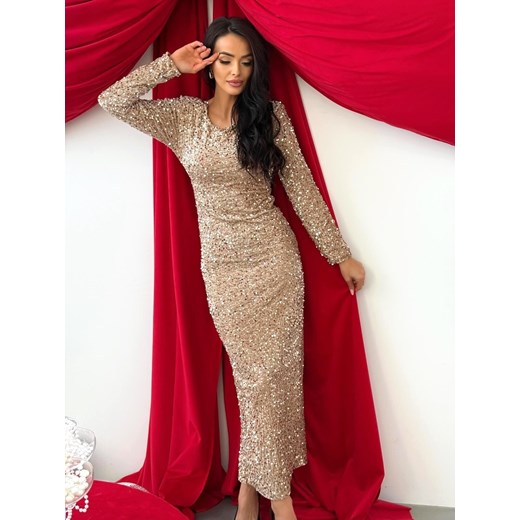 Beżowa Cekinowa Sukienka Maxi z Ozdobnymi Plecami ze sklepu ModnaKiecka.pl w kategorii Sukienki - zdjęcie 187938877