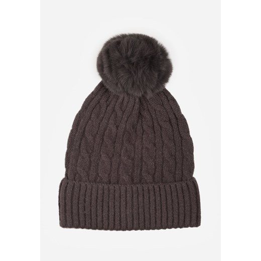Szara Czapka z Pomponem Zdobiona Warkoczowym Splotem Vetizare ze sklepu renee.pl w kategorii Czapki zimowe damskie - zdjęcie 187942377