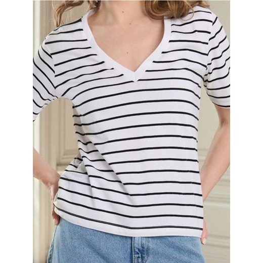 Sinsay - Bawełniana koszulka z dekoltem V - wielobarwny ze sklepu Sinsay w kategorii Bluzki damskie - zdjęcie 187950549