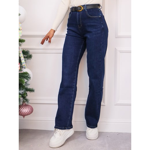 SPODNIE JEANSOWE O PROSTYM KROJU I WYSOKIM STANEM+ PASEK GRATIS- GRANATOWE ze sklepu olika.com.pl w kategorii Jeansy damskie - zdjęcie 187951518
