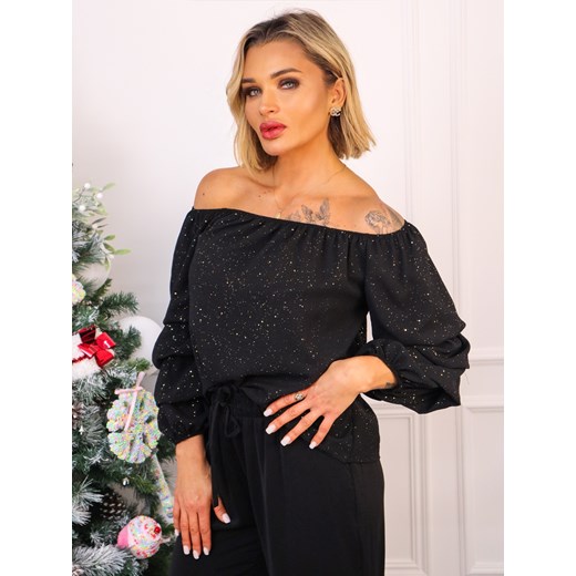 BLUZKA HISZPANKA Z METALICZNYM WZOREM- CZARNA ze sklepu olika.com.pl w kategorii Bluzki damskie - zdjęcie 187951537