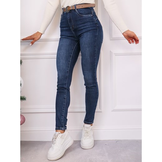 SPODNIE JEANSOWE SKINNY Z WYSOKIM STANEM PUSH UP + PASEK- GRANATOWE ze sklepu olika.com.pl w kategorii Jeansy damskie - zdjęcie 187951557